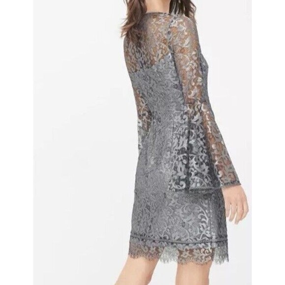 WHBM Silver Metallic Lace Bell Sleeve Mini BodyCon Party Coctail Dress Sz 12 NEW - Picture 2 of 10